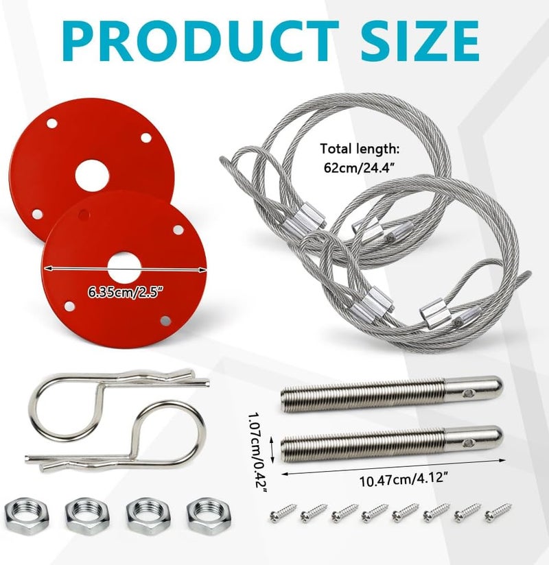 Hbxdeco 2PCS Hood Pin Kit for Car, Stainless Steel Car Hood Lock Kit with Racing Lanyard, Quick Release Car Hood Cover Latch Hood Pins to Reduce Shaking, Universal Hood Pins Lock Clip Kit (Red) - Image 2
